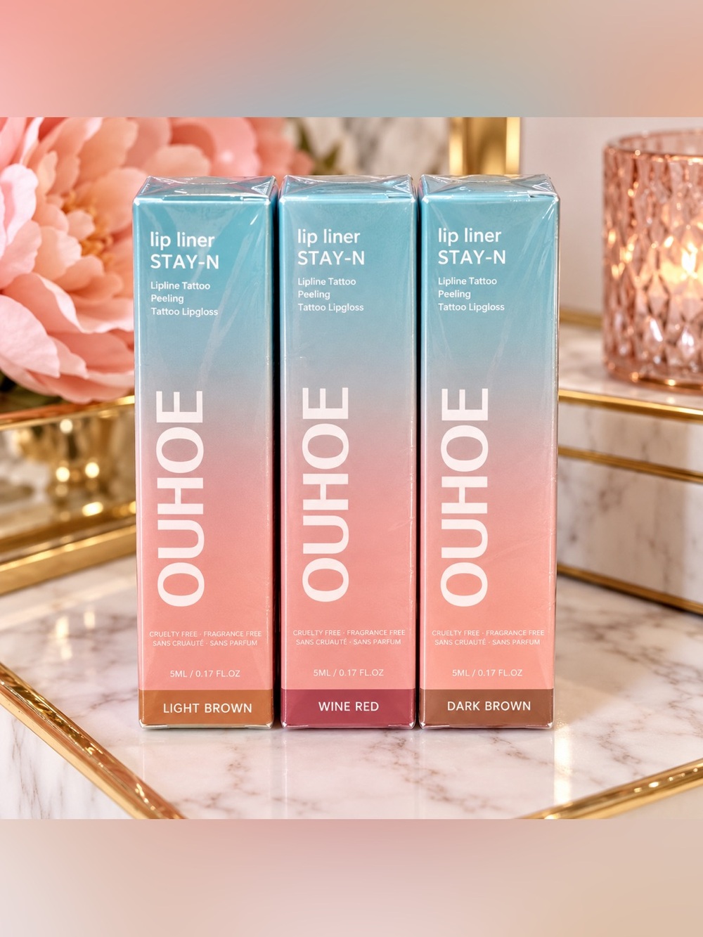 OUHOE STAY-N Peel Off Lip Liner Tattoo Tint Trio NIB